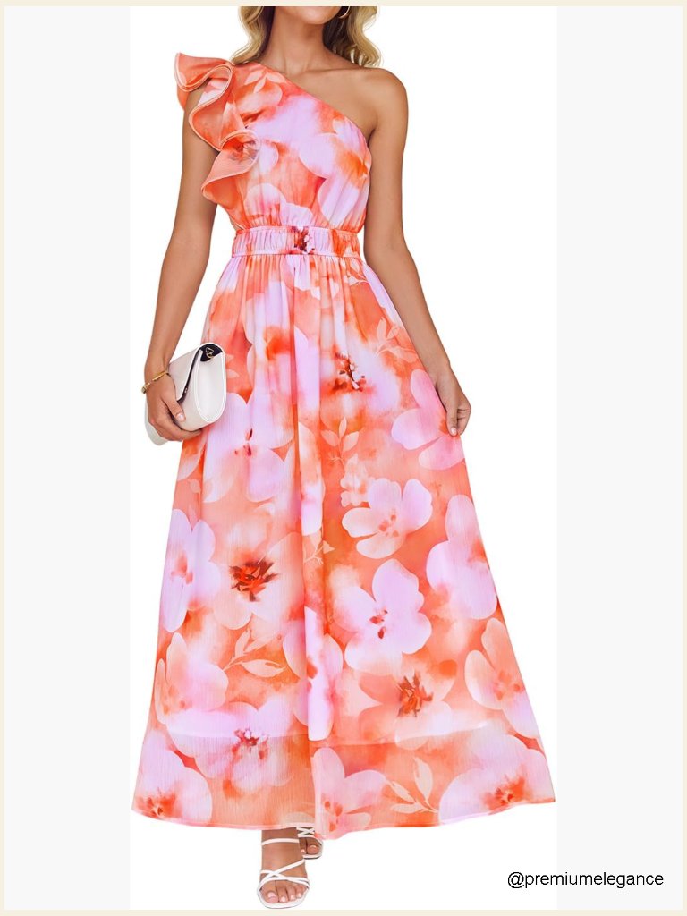Sleeveless One Shoulder Ruffle Maxi Dress Chiffon Floral Boho Wedding Guest
